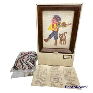 Vintage Thorens Movement Switzerland Needlepoint Embroidery Picture Fiddler Cat